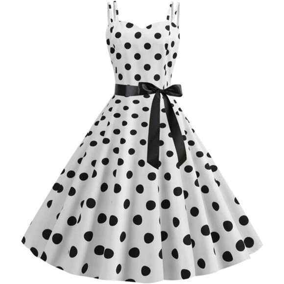 Women Retro Swing Dress White x Black - Picture 1 of 5